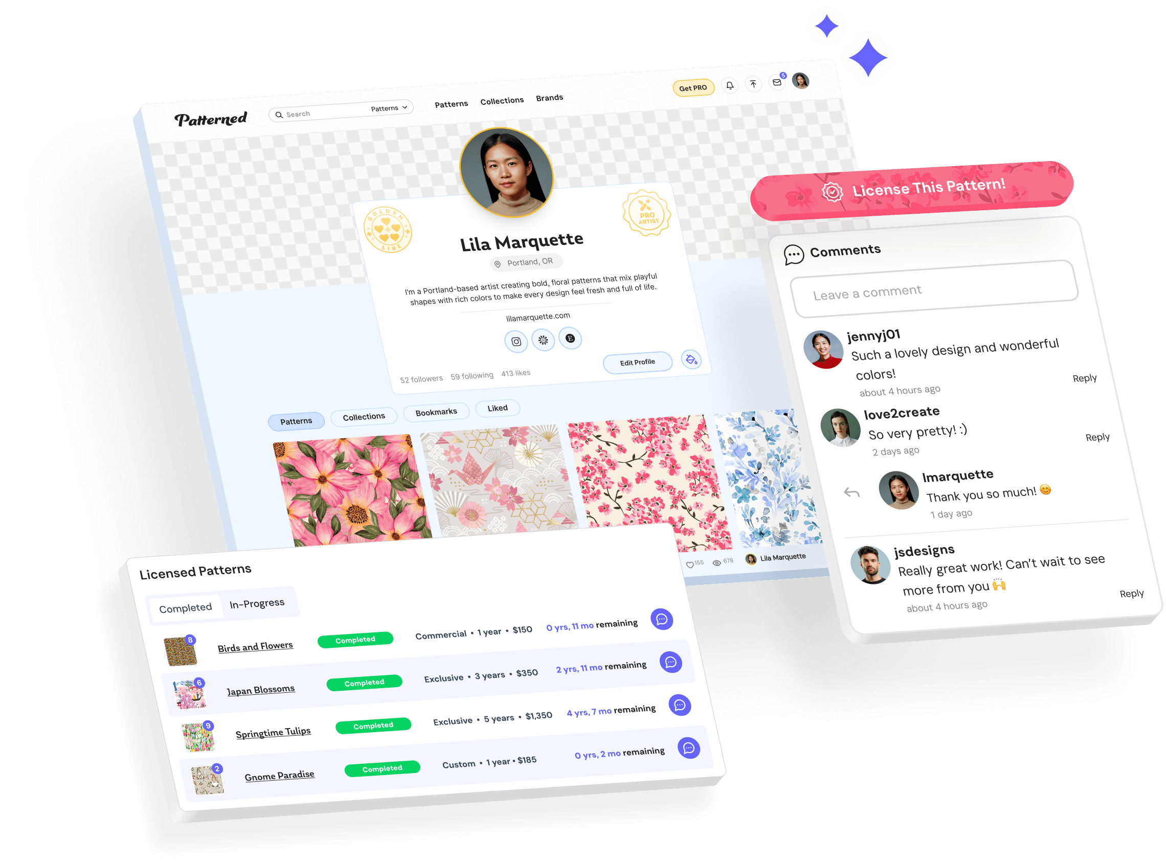 Portfolio and community interface showing artist profiles and community features