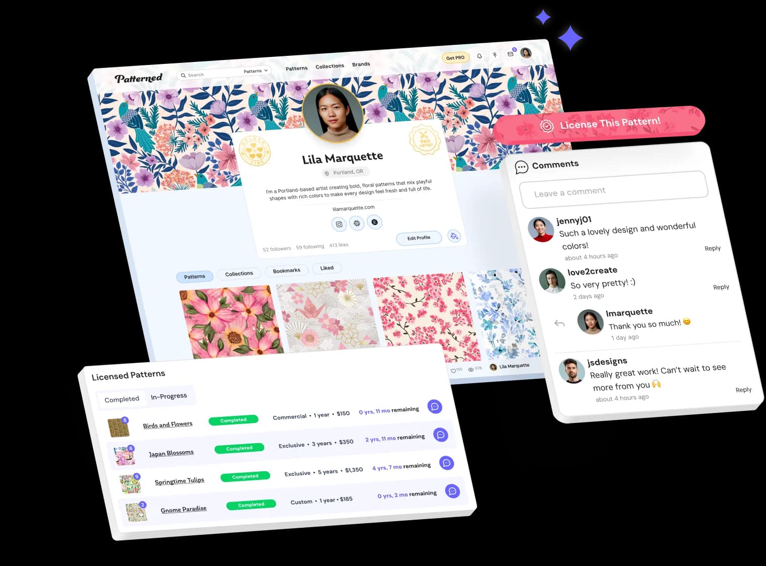 Portfolio and community interface showing artist profiles and community features