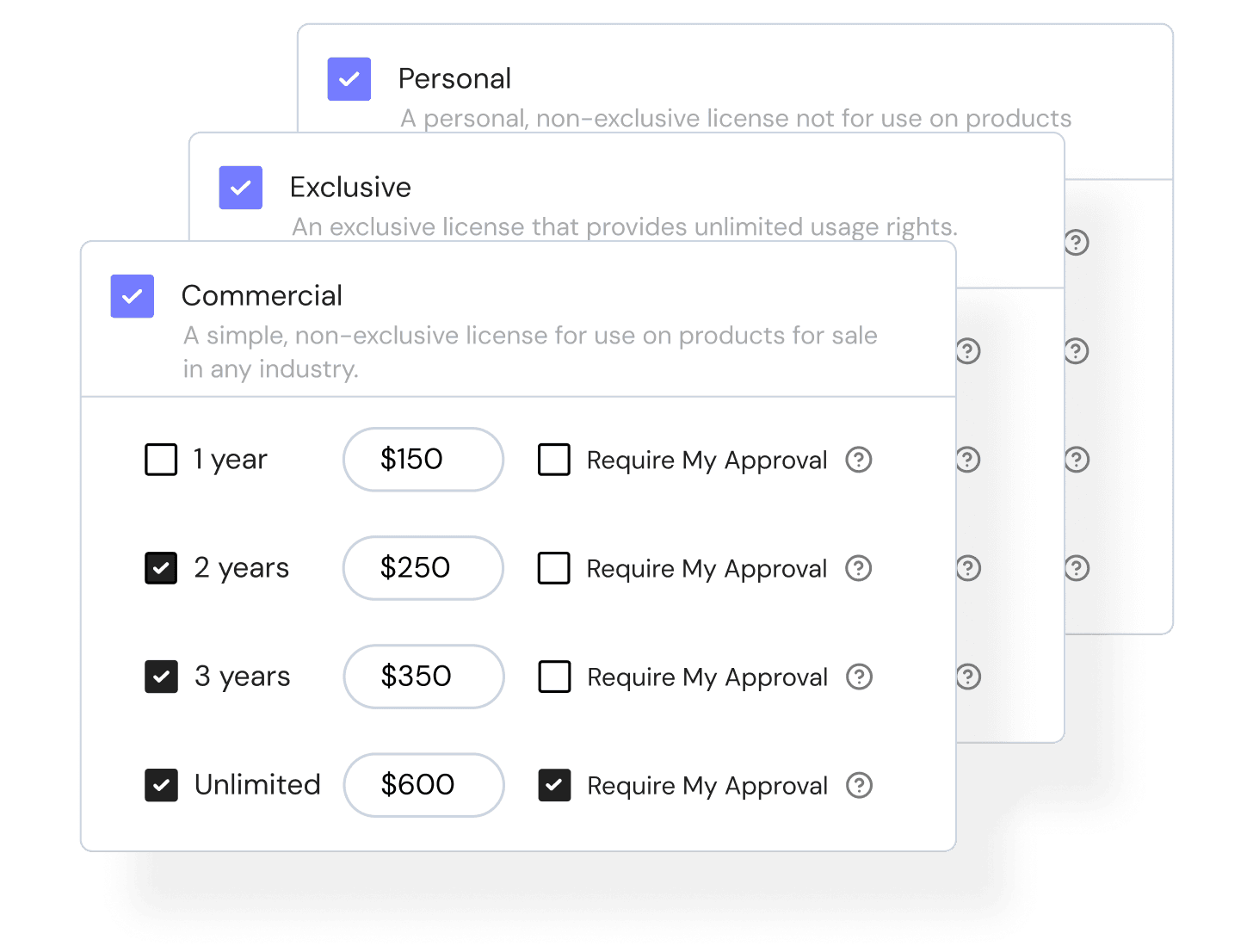 License preferences interface showing exclusive license options and pricing