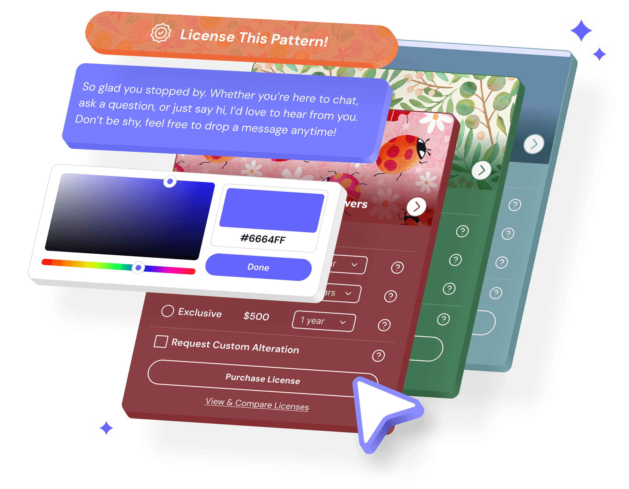 Stylized experience interface showing custom colors and portfolio customization